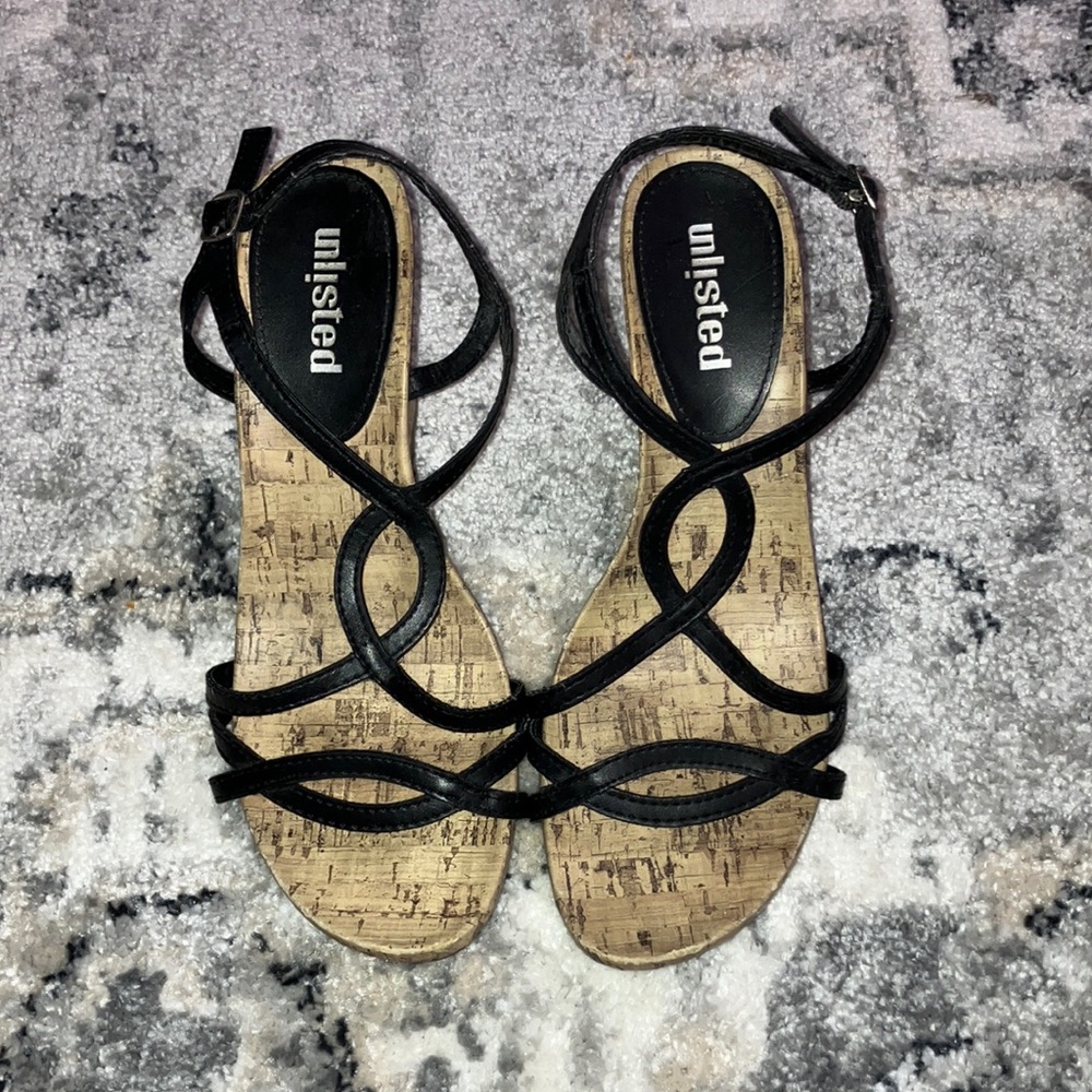 Women’s black strap wedges, size 8